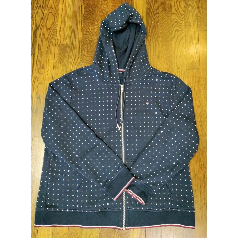 Tommy Hilfiger Sweatshirt Women's XL Navy White Polka Dots Full Zip Cotton Blend